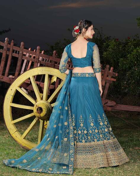 Buy Odette Blue Silk And Satin Semi Stitched Lehenga With Unstitched Blouse  (Set of 3) online