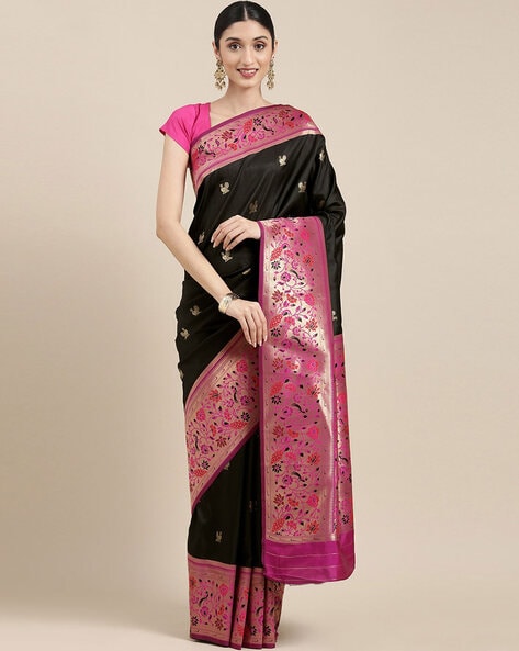 Black and Rose Pink Silk Border Contemporary Saree