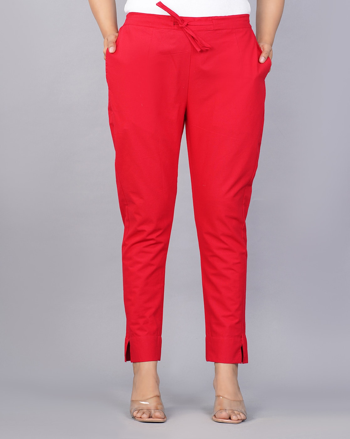 Buy Women Red Solid Casual Slim Fit Trousers Online - 857821 | Van Heusen