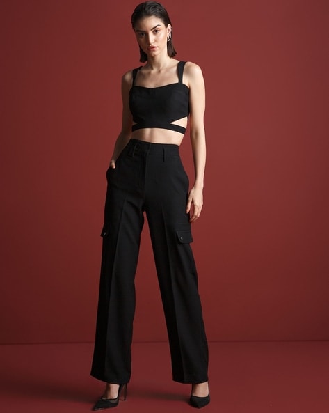 Buy The Dapper Lady Flared Pants with Two Side Pockets, Black Color Women