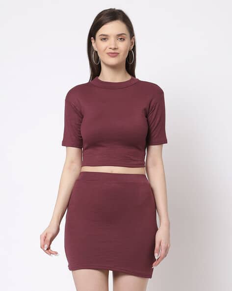 KLOTTHE Ribbed Crew-Neck Top with Skirt Set