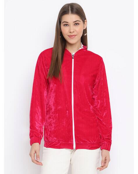 Women Zip-Front Velvet Jacket with Cuffed Sleeves