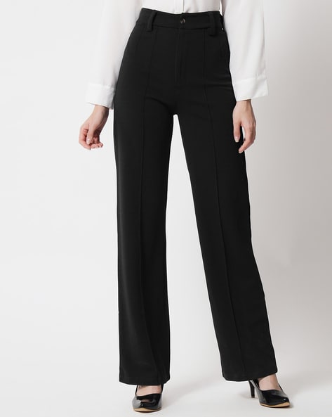Buy Leriya Fashion Trousers for Women  Solid BiStretch Straight Trousers  with 2 Front Pockets  Decorative Buckle  for Office  Casual   Professionals Wear Pleated Trousers XSmall Black at Amazonin