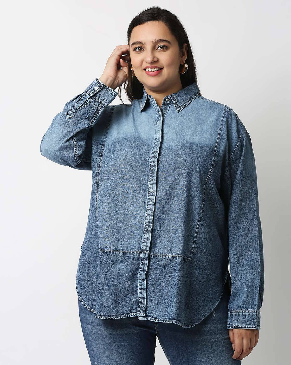 CurveWow Denim Oversized Shirt Mid Blue Wash – Curvewow