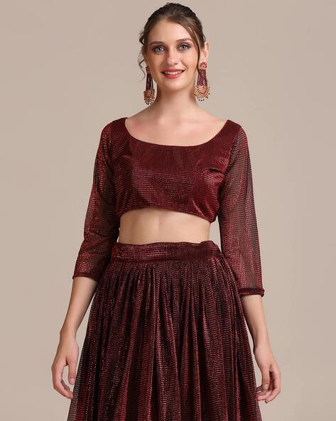 Maroon Rayon Lucknowi Chikankari With Stylish Sleeveless Crop Top Lehenga  Choli