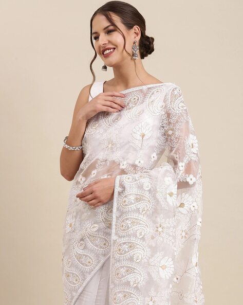 White Sahira Georgette Chikankari Half Jaal Saree - TheChikanLabel |  Lucknow Chikankari Kurtis & Suits