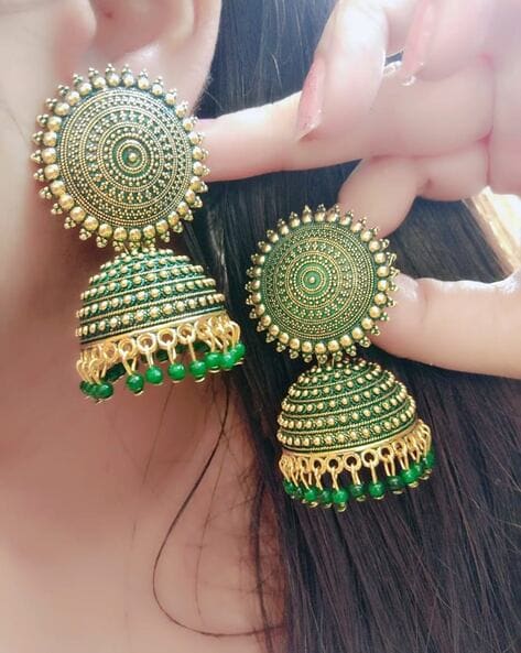 Indian Bollywood Style Enameled Pearl Jhumka Green Earrings CZ Jewelry Set  | eBay