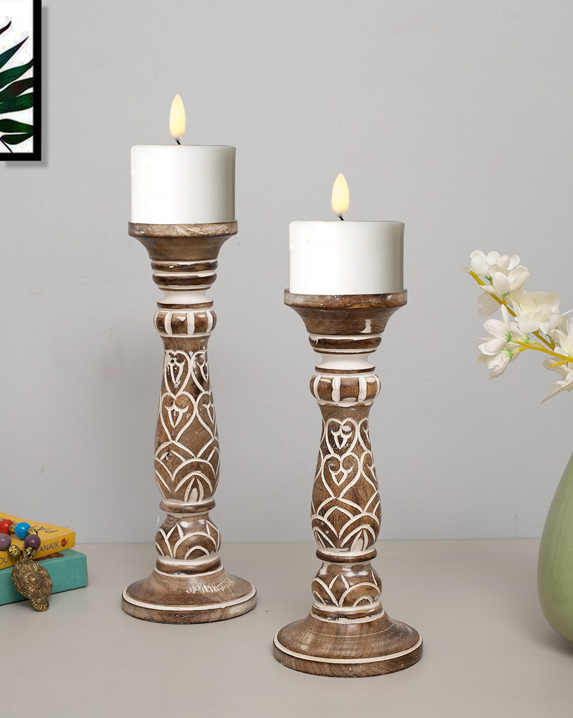 Wood Candlestick Holders, Set of 2 Retro Unpainted Wood Classic Craft Candles Stick Holder Set Wedding Decorations, Size: One size, Beige