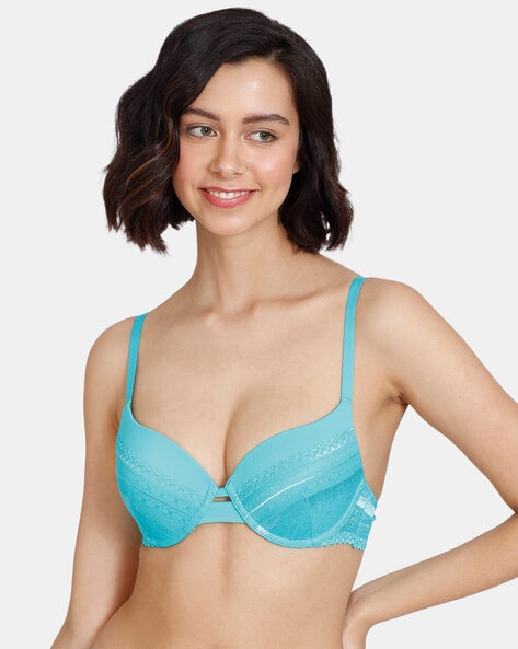Women Printed Heavily Padded Underwired Push Up Bra Blue at Rs
