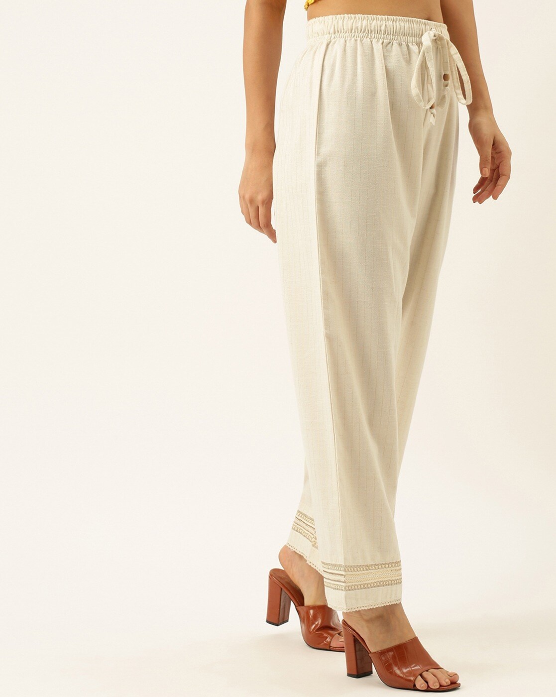 Cotton Fabric Cream Solid Ankle Length Pant For Women - Zola