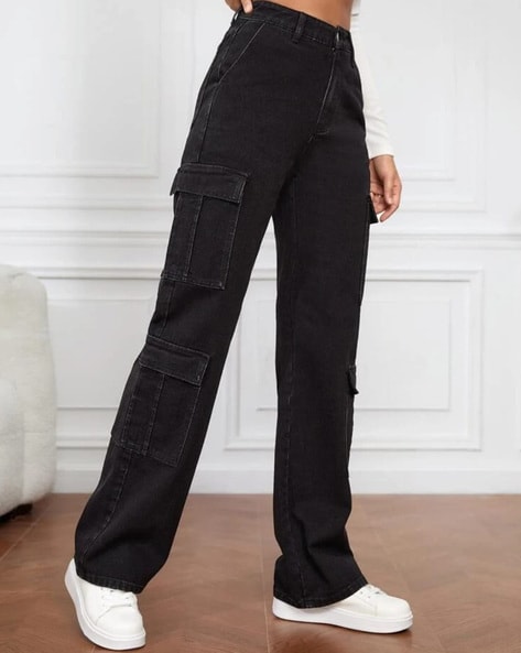 Jeans & Trousers | High Waisted Black 6 Pocket Cargo Jeans | Freeup