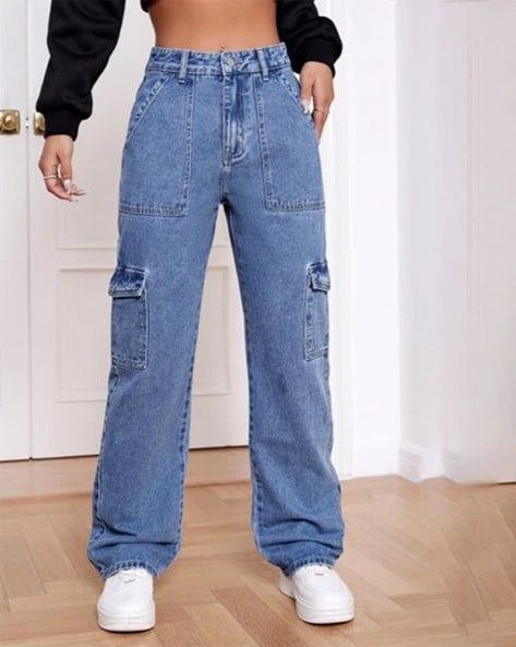 Faded Blue Denim Cargo Pocket Baggy Fit Jeans