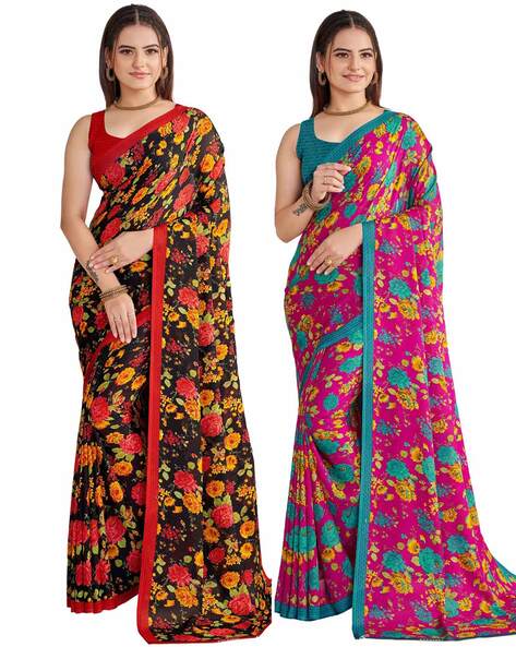 Buy MIRCHI FASHION Women's Plain Weave Cotton Blend Floral Printed Saree  with Blouse Piece (35385-Orange, Green) at Amazon.in