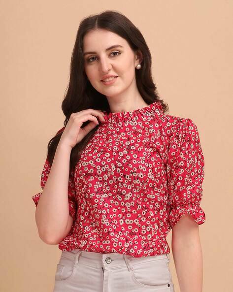 Floral Print Top with Puff Sleeves
