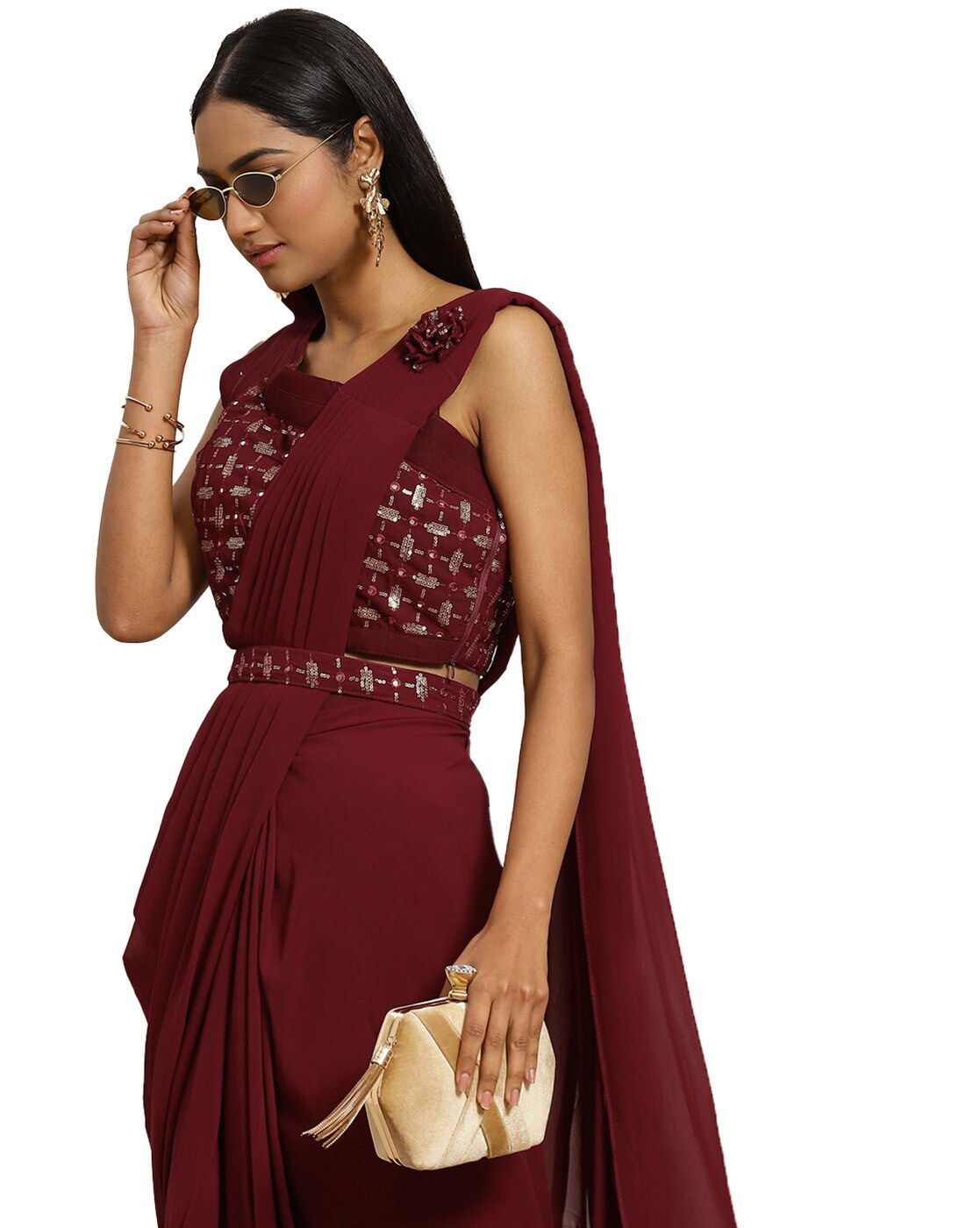 Buy Maroon Sarees for Women by GRANCY Online