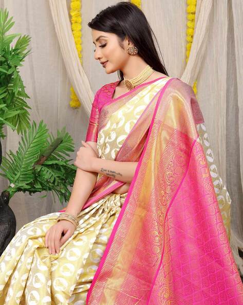 Elora Cream & Pink Silk Woven Saree With Unstitched Blouse