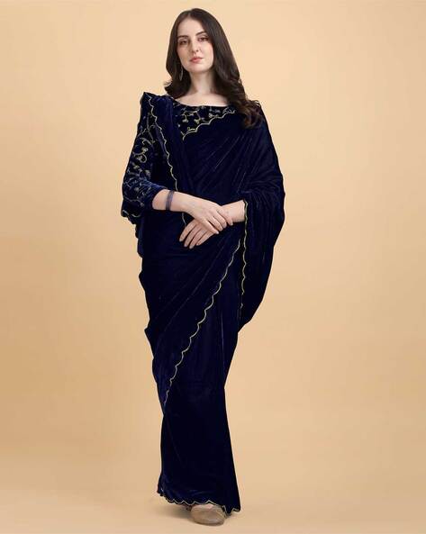 blue colour readymade velvet saree