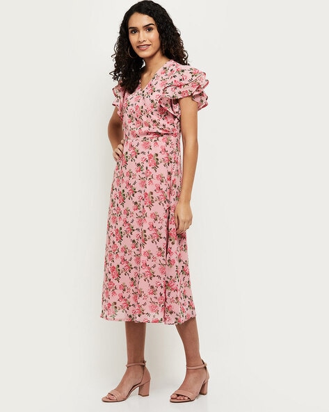 Buy MISS CHASE Blue Floral V Neck Polyester Women's Midi Dress | Shoppers  Stop
