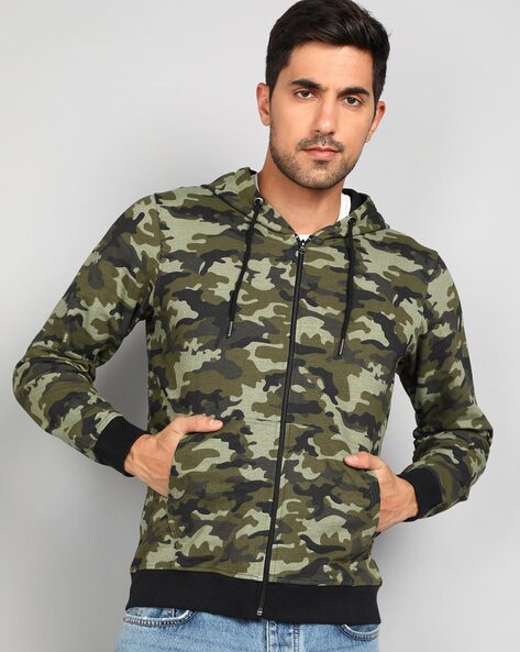 Hooded Sweatshirt with Camouflage Effect for Boys Printed Green