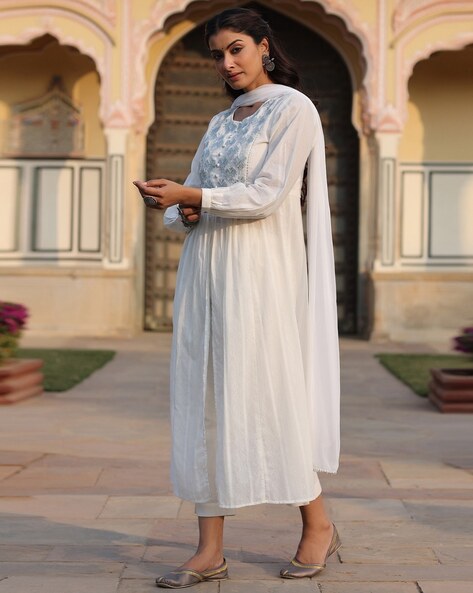 Buy Juniper Women White Cotton Embroidered Flared Clothing Set (Set of 2)  online