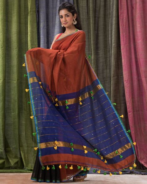 Women's Maroon Handwoven Cotton Stipe handloom Saree - Angoshobha | Handloom  saree, Saree, Women