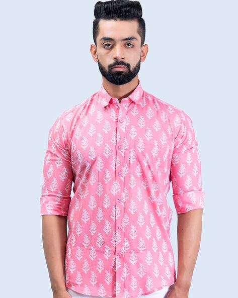 Buy Full Sleeves Cotton Pink Leheriya Print Shirt Online