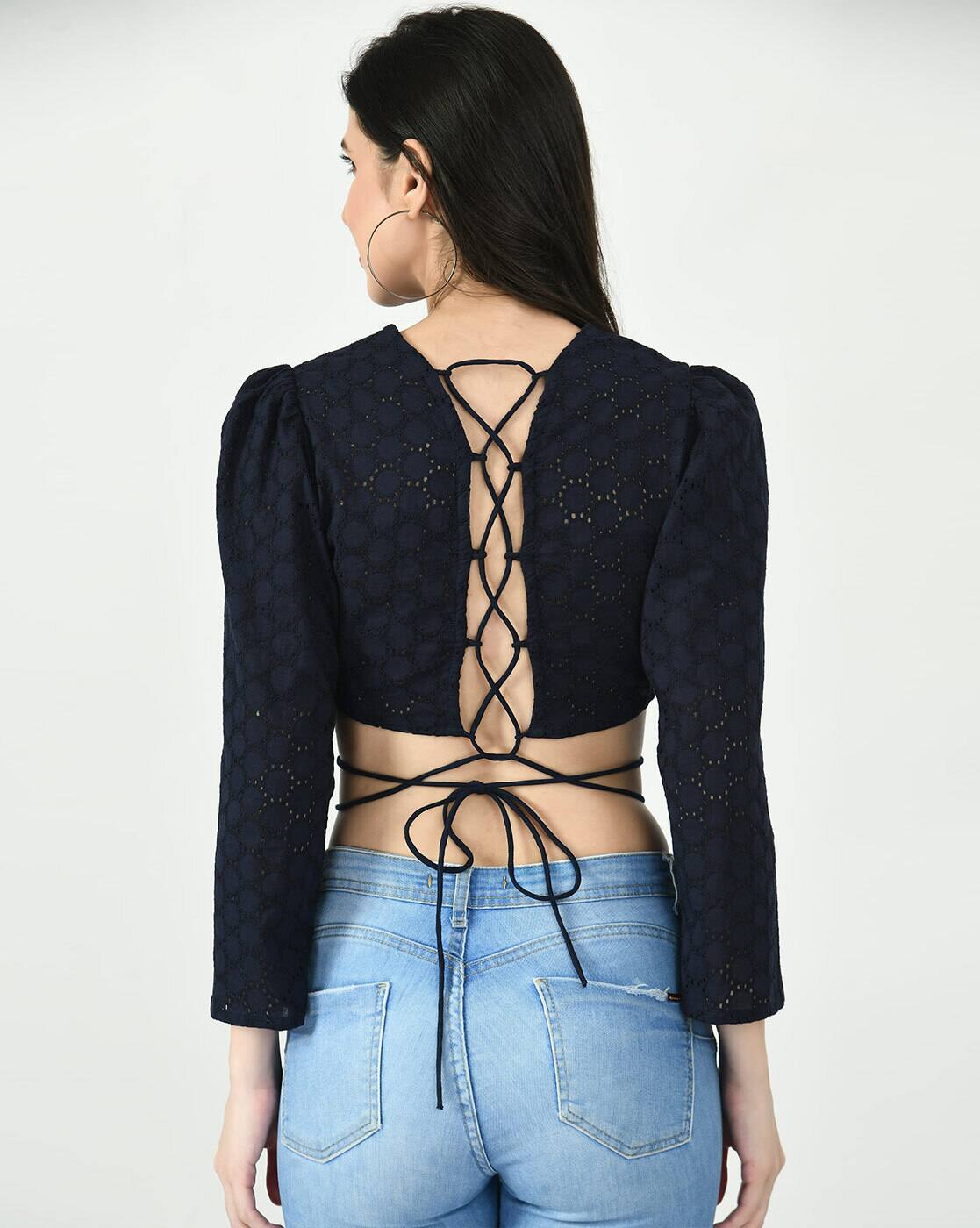 Buy PRETILLY Crop Top with Ribbon Back Online | Ajio.com