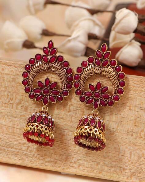 Fancy Maroon Color Bridal Meenakari Jhumka Earrings with colorful Beads