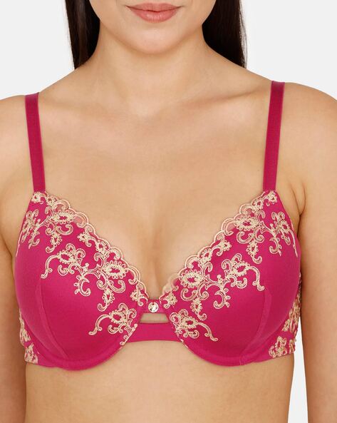 Zivame Desert Rose Padded Wired 3/4Th Coverage Lace Bra With Bikini Panty -  Festival Fuchsia