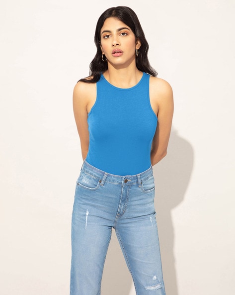 Buy Twenty Dresses by Nykaa Fashion Blue And White Halter Neck Striped Crop  T-shirt Online