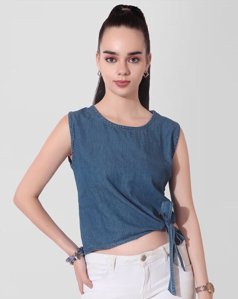 MAX Solid Sleeveless Denim Crop Top