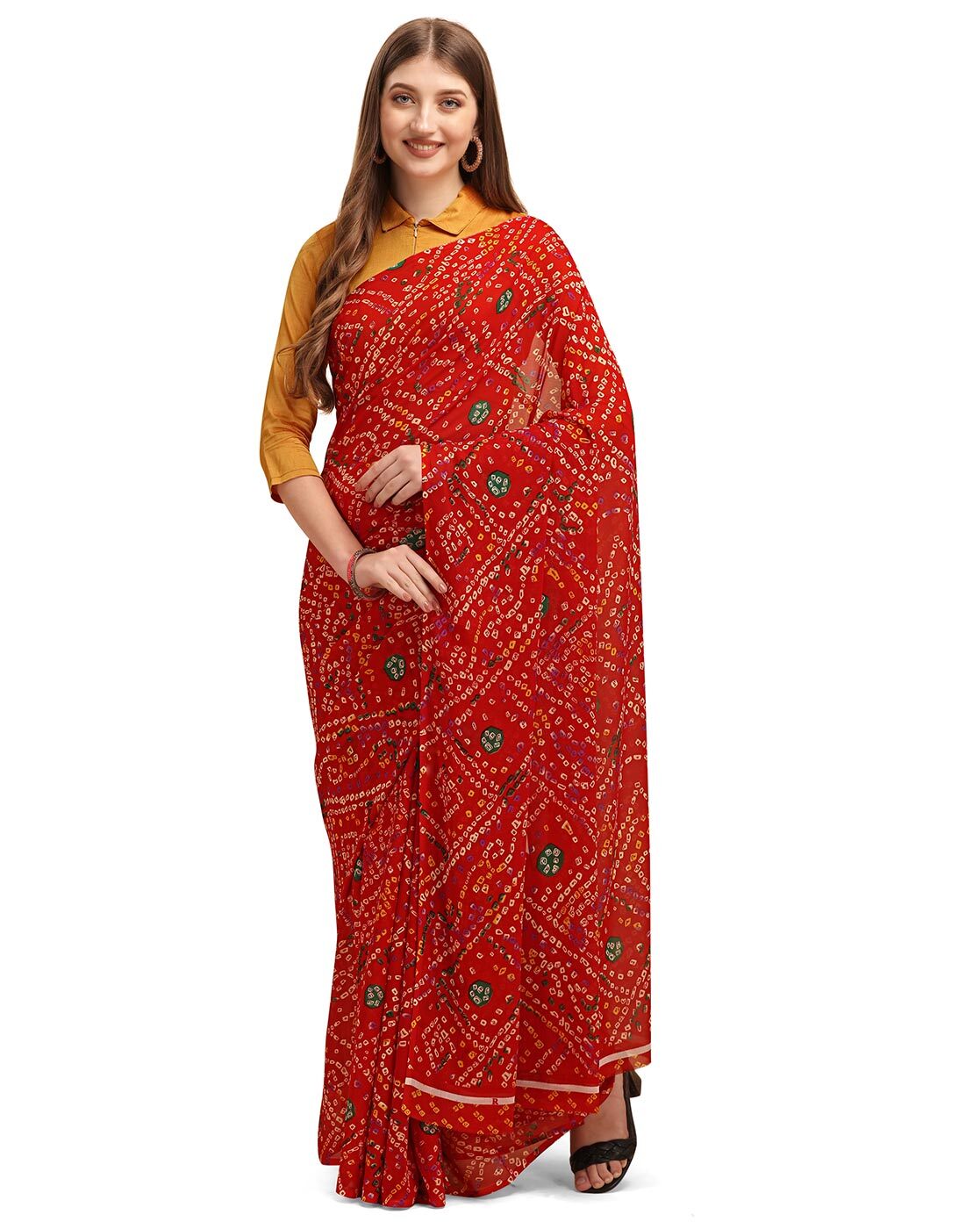 Yellow-Red Casual Wear Bandhani Printed Chiffon Saree With Tassels