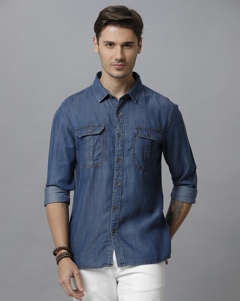 Buy Roadster Men Blue Pure Cotton Washed Denim Sustainable Shirt - Shirts  for Men 1376192 | Myntra