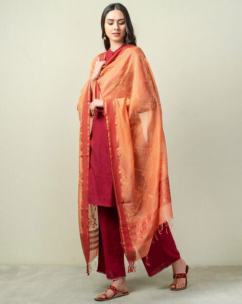 Embroidered Cotton Dupatta with Tassels Price in India