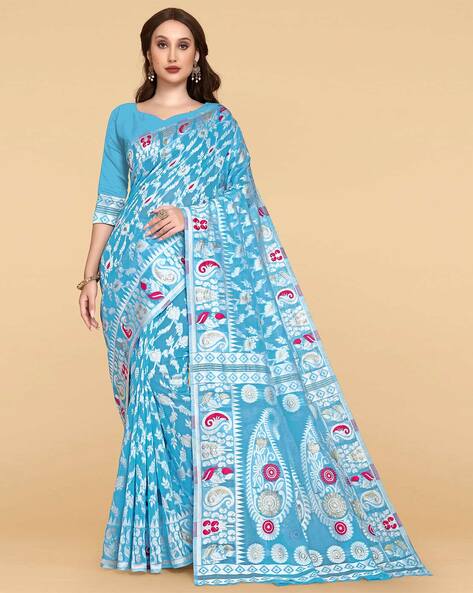 Light blue hand painted kanchi kalamkari saree