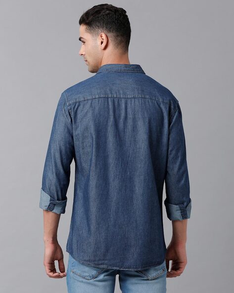 Miraan Men's Long Sleeve Casual Dark-blue Denim Shirt (SIGDARKDENIM, Blue)