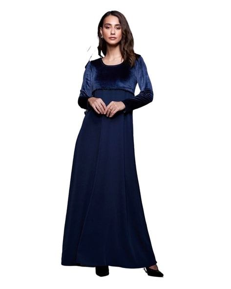 Elegant Round Neck Ball Gown with Beading Blue Prom Dresses