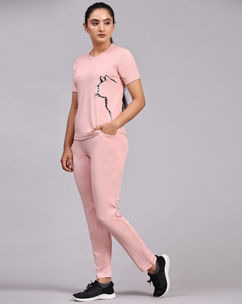 Women Beige Contrast Tape T-shirt With Track Pants
