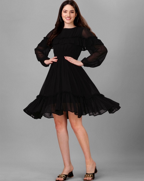 Black fit and shop flare dress with sleeves