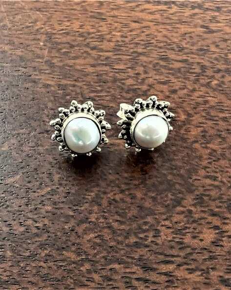 Silver Pearl Stud Earring| Pearl Hoop Earrings| Big Pearl Bali