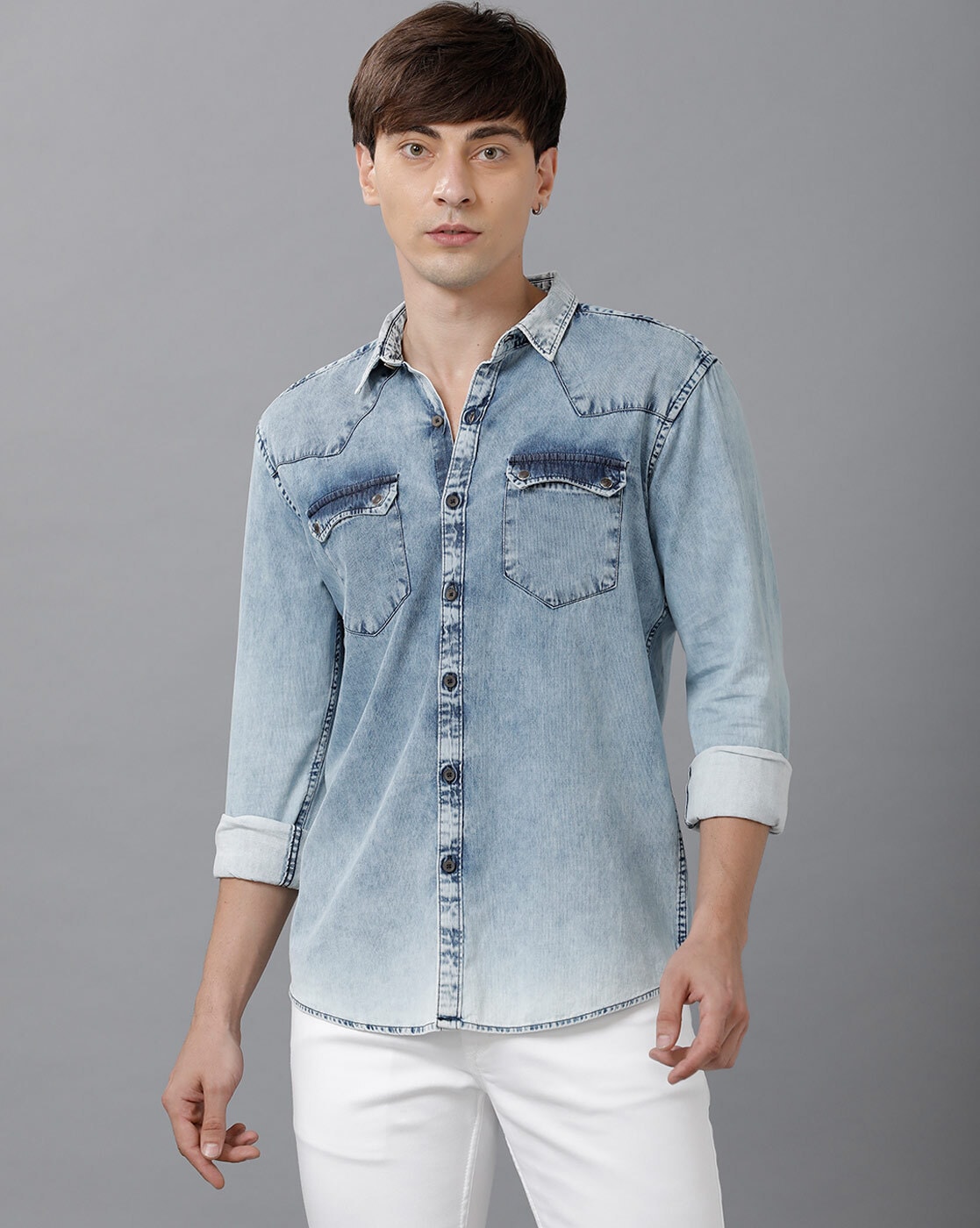 Buy Flying Machine Men Blue Spread Collar Washed Denim Shirt - NNNOW.com