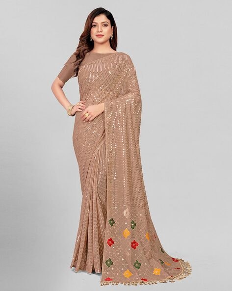 Fancy Sequined Embroidered Beige Coloured Georgette Saree with Blouse Piece  at Rs 1150.00 | Georgette Sarees | ID: 2853283398948