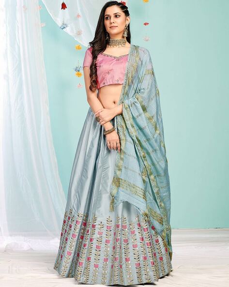 PEACOCK BLUE LEHENGA WITH PEACOCK BLUE BLOUSE WITH ZARDOSI & THREAD WO –  Anisha Shetty