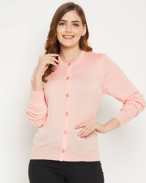 Round-Neck Cardigan with Ribbed Hems