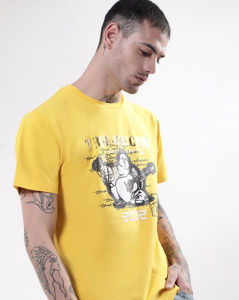 blue and yellow true religion shirt