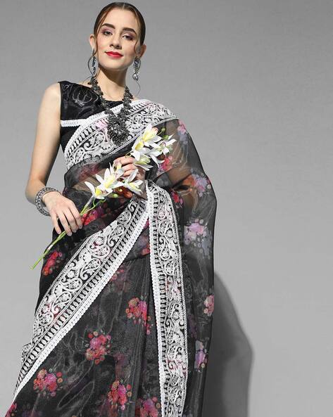 Black Floral Printed Crepe Saree