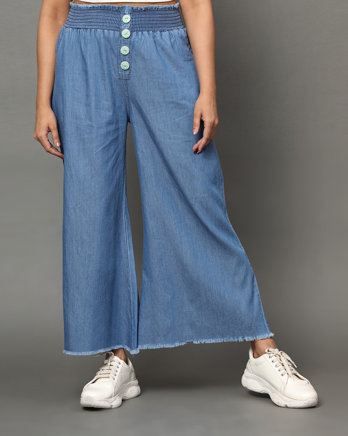 Buy TNQ Women's Stylish Cotton Denim Trousers Wide Leg Palazzo Pant with  Belt Free Size Full Length (Dark Blue buttons style) at Amazon.in