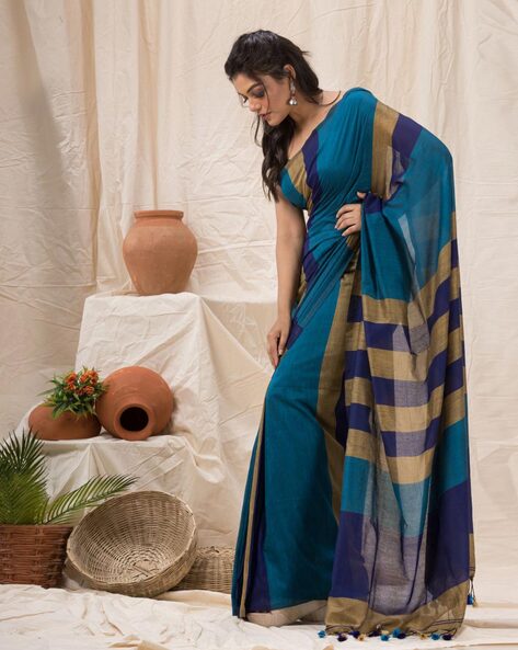 Multi Colour Pure Cotton Saree In Horizontal Style Print On Golden Resham  Stripe Fabric - Ratan Sarees