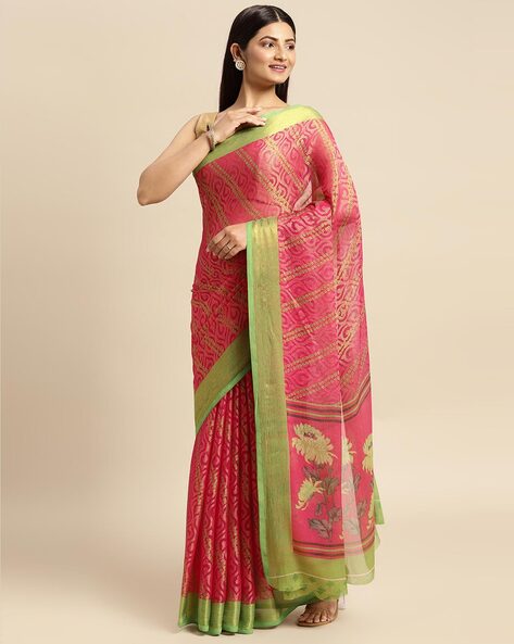 Red and pink color banarasi silk saree with zari weaving work