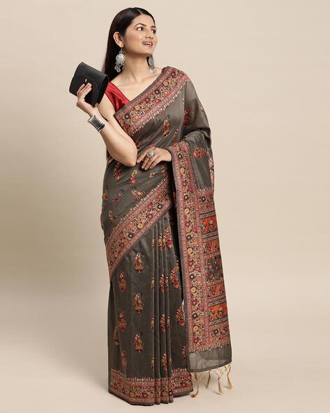 Printed Cotton Saree in Dark Green : SJRA3544